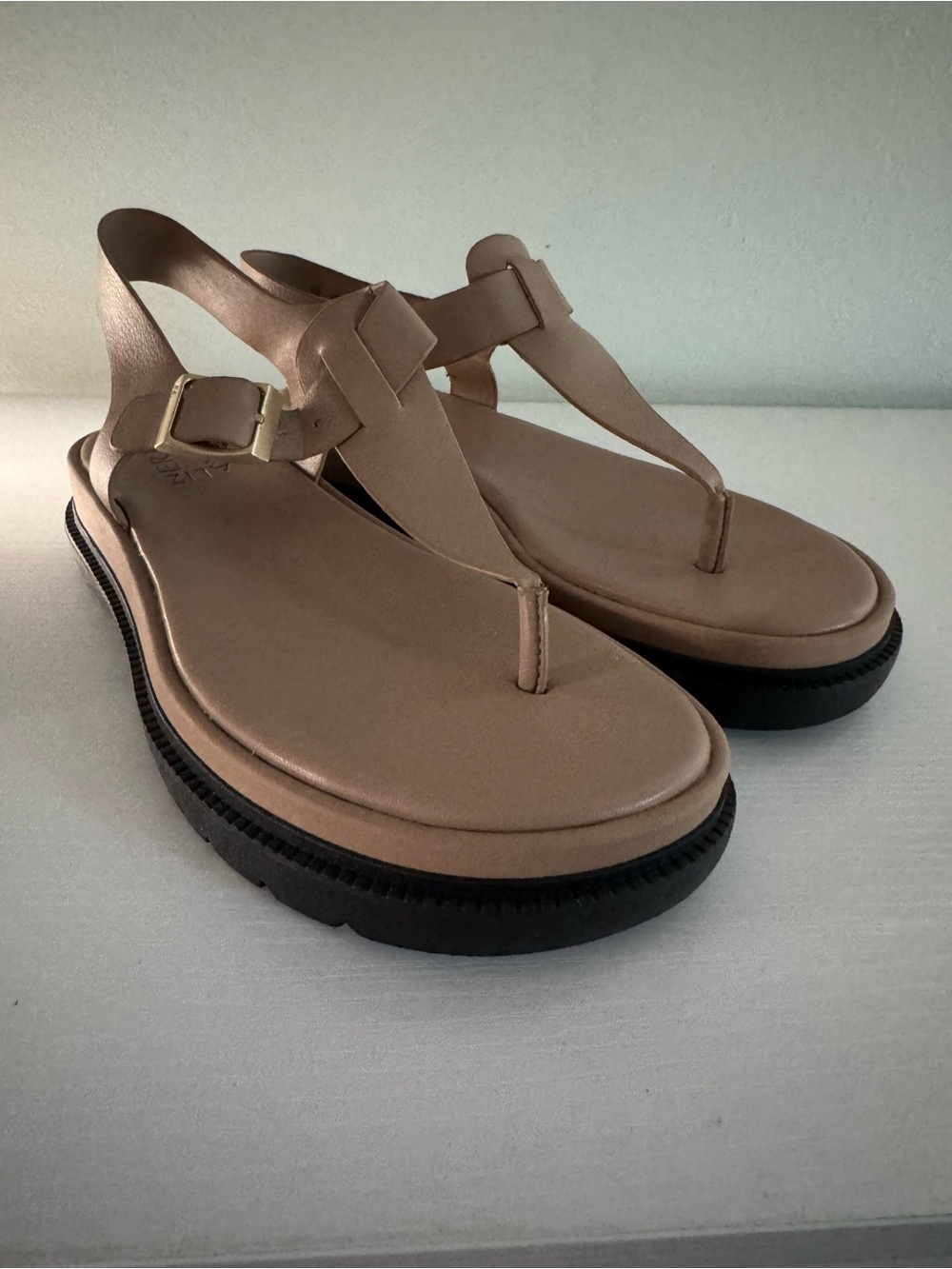 Naturalizer Nude T-Strap Sandals with Black Sole